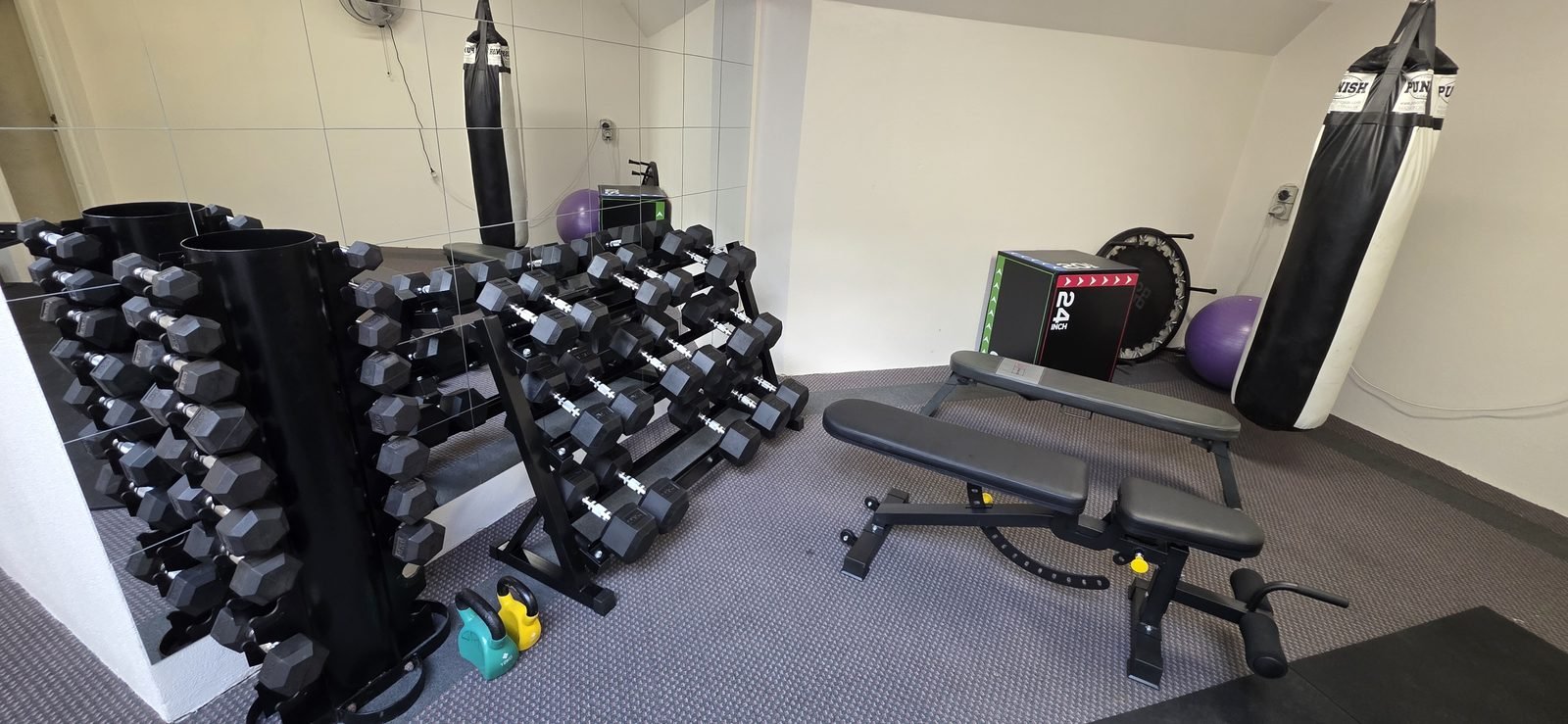 Dumbbell racks, bench and cardio equipment assembled and set up